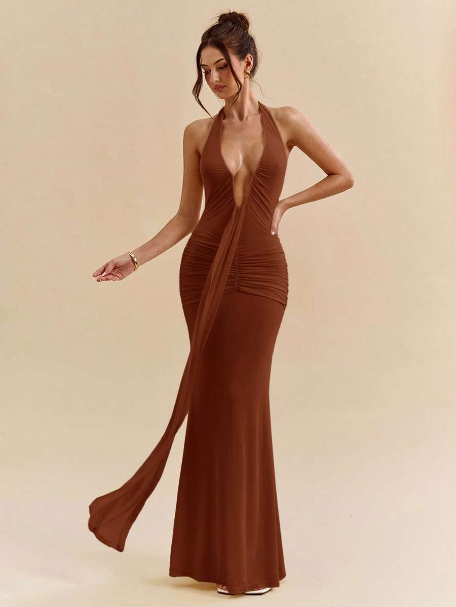 LUMÉA - Deep V Neck Halter Bodycon Maxi Dress Rust Brown