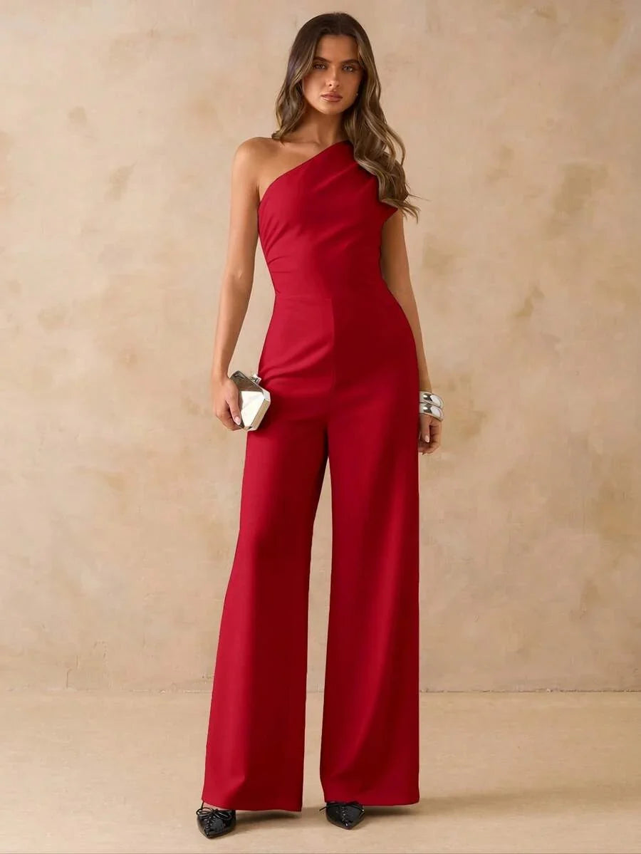 NORI - Asymmetrical One Shoulder Wide Leg Jumpsuit maxi dress Red