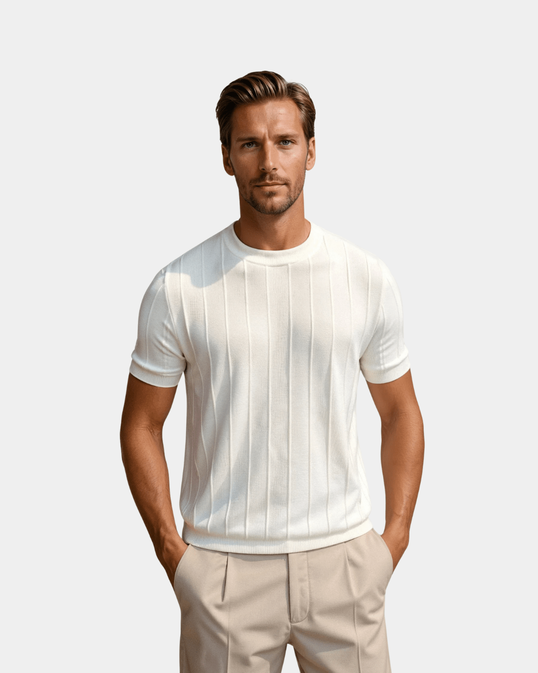 Vertical Ribbed Crew Neck T-Shirt Men Short Sleeve White
