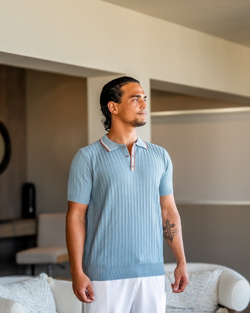 Contrast Collar Polo Shirt Men Knit Herringbone Short Sleeve