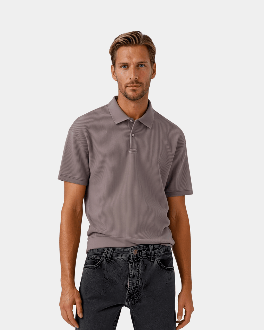 Two-Button Polo Shirt Men Short Sleeve Ribbed Knit Relaxed Fit