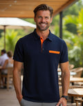 Waffle Knit Polo Shirt Men Contrast Trim Chest Pocket Short Sleeve