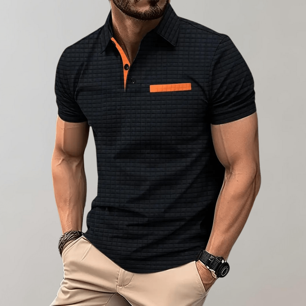 Waffle Knit Polo Shirt Men Contrast Trim Chest Pocket Short Sleeve