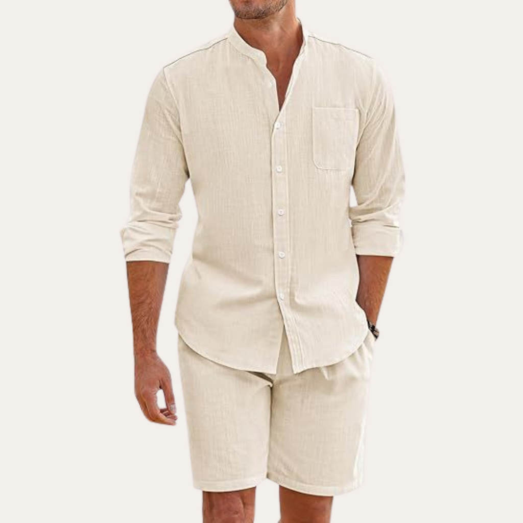 Men's Summer Two-Piece Set – Long Sleeve Shirt & Shorts for Beach or Outdoor Wear