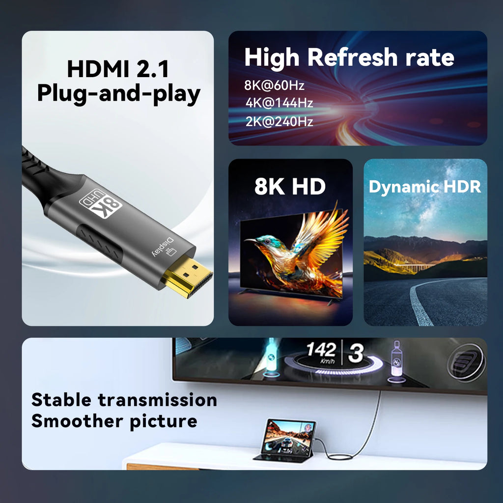 HDMI 2.1 cable with features highlighted on a dark background