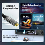 HDMI 2.1 cable with features highlighted on a dark background