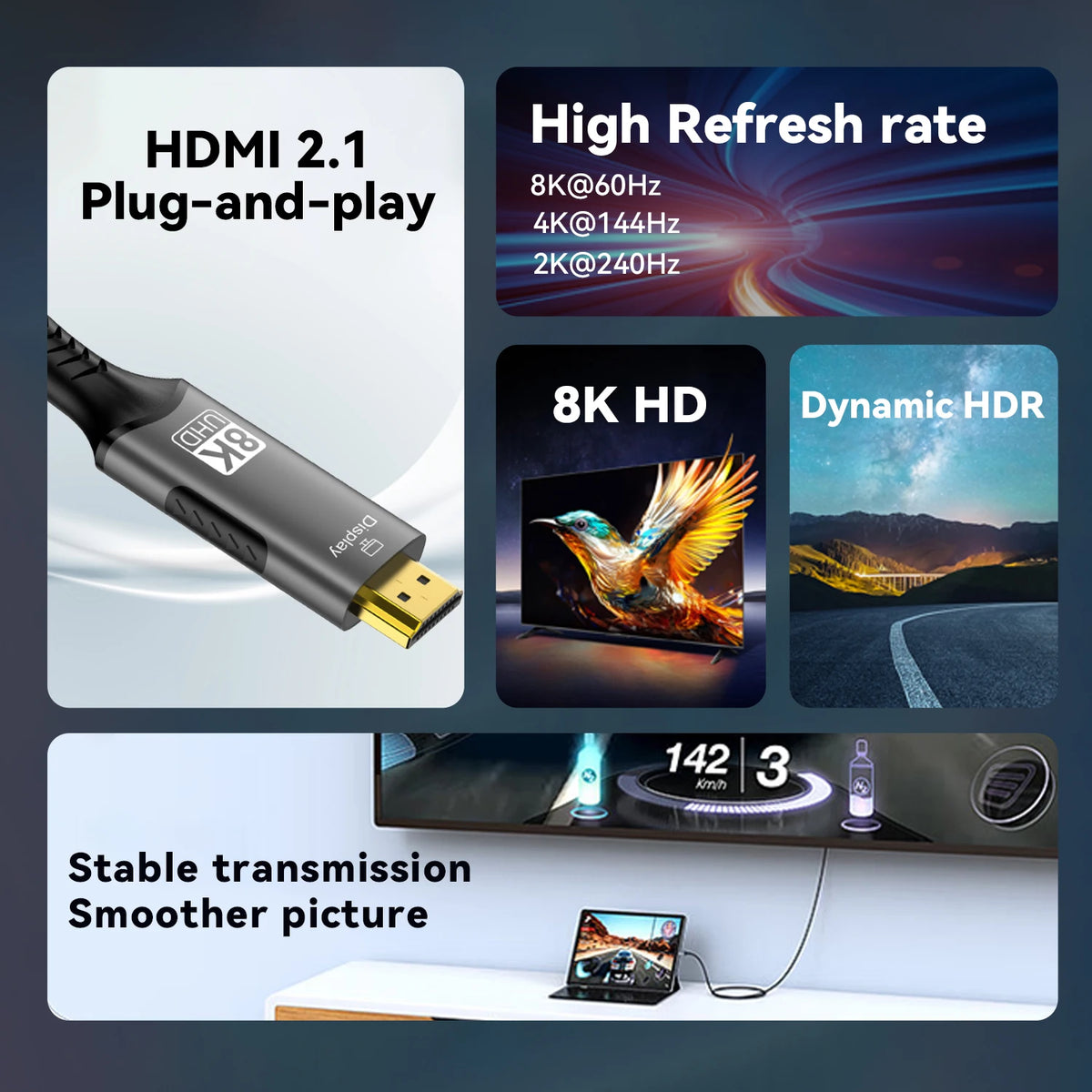 HDMI 2.1 cable with features highlighted on a dark background
