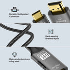 HDMI cable with gold-plated connector, hard-wearing braided nylon, and high-grade aluminum alloy shell on a light gray background.