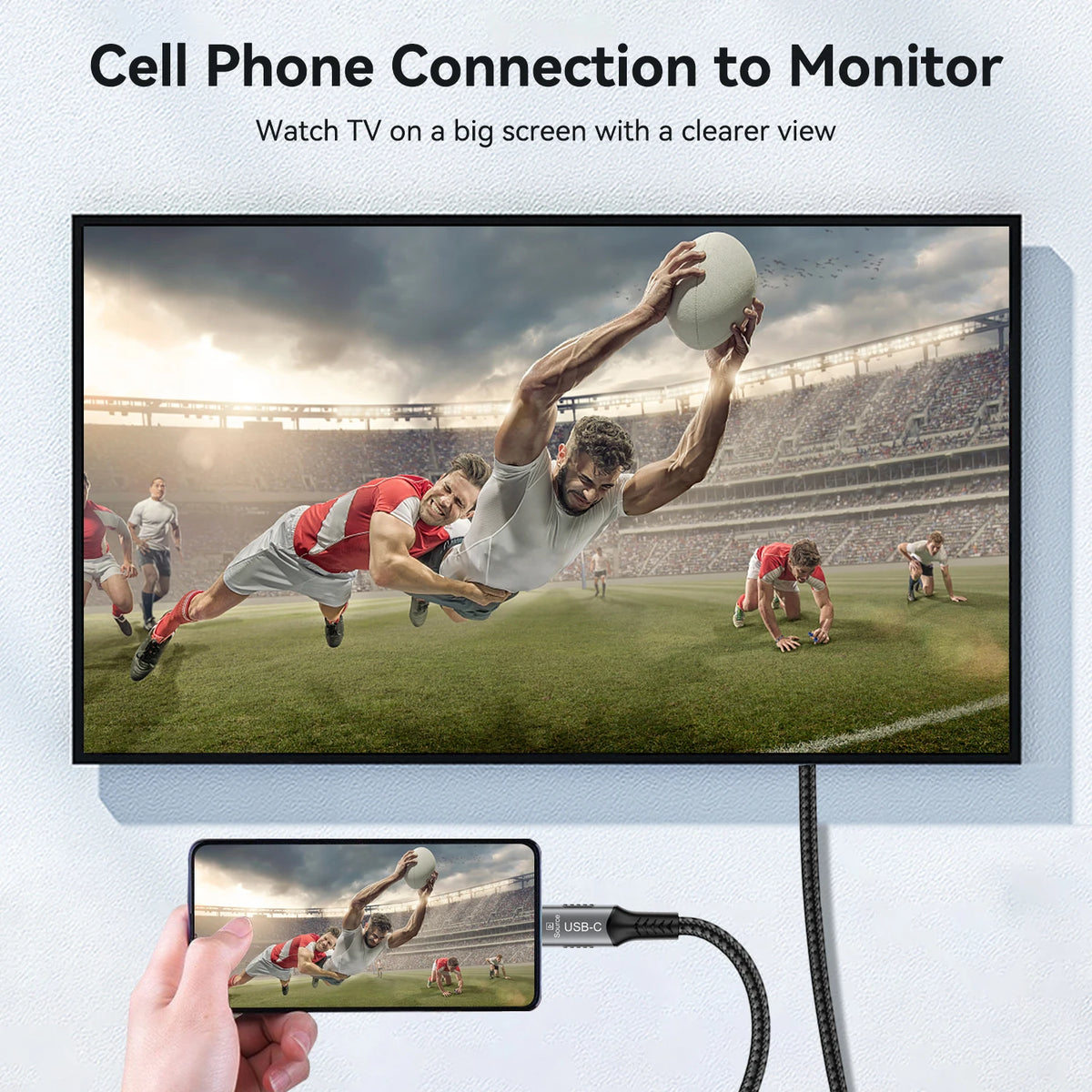TV screen displaying a sports game with a smartphone showing the same content, connected via a cable.