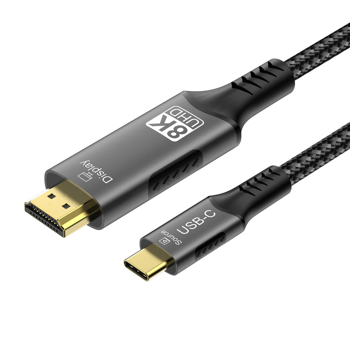 HDMI to USB-C cable with 8K resolution label on a white background