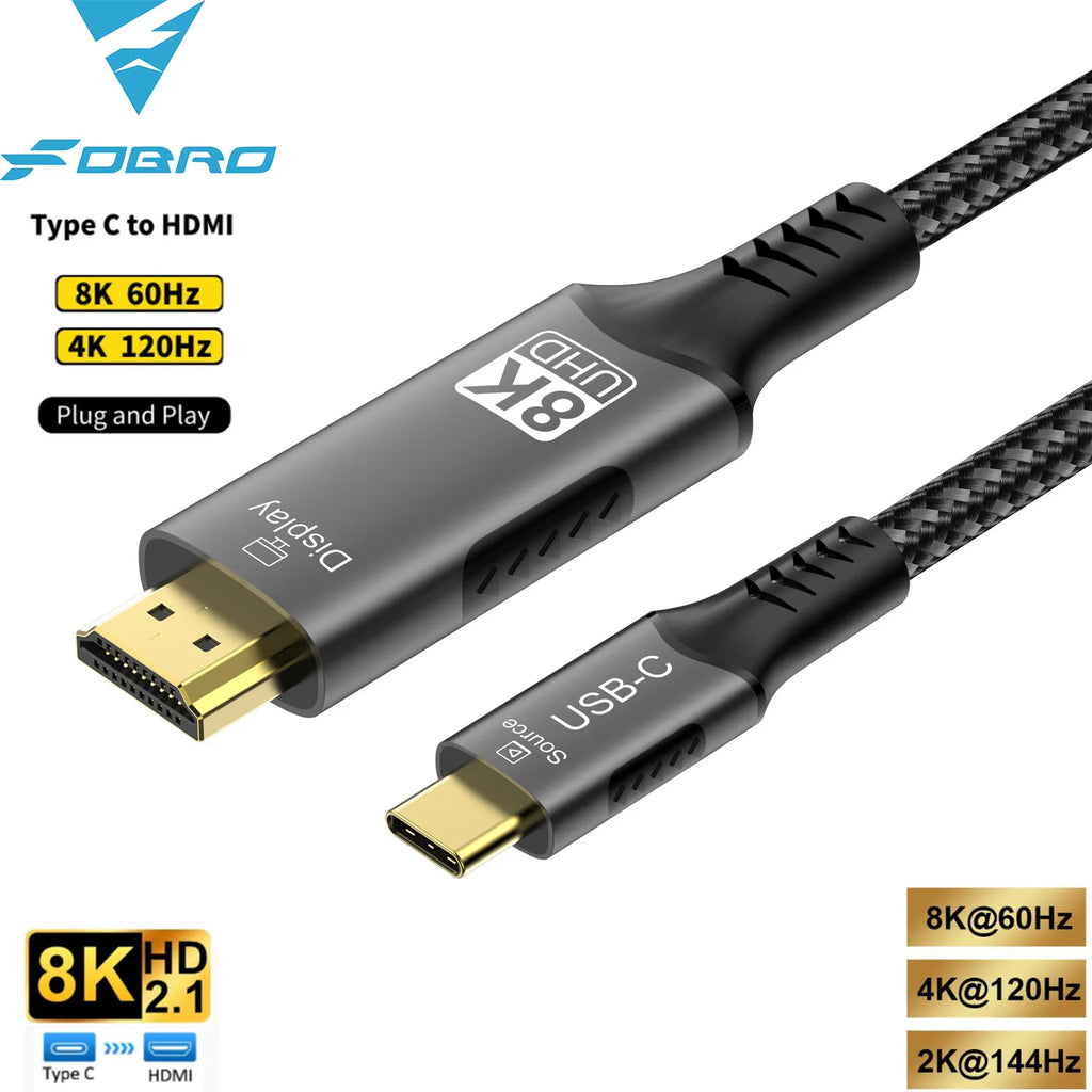 A Fobro Type C to HDMI USB-C cable with a black braided body and gold-plated connectors, shown on a white background with technical specifications and logos.