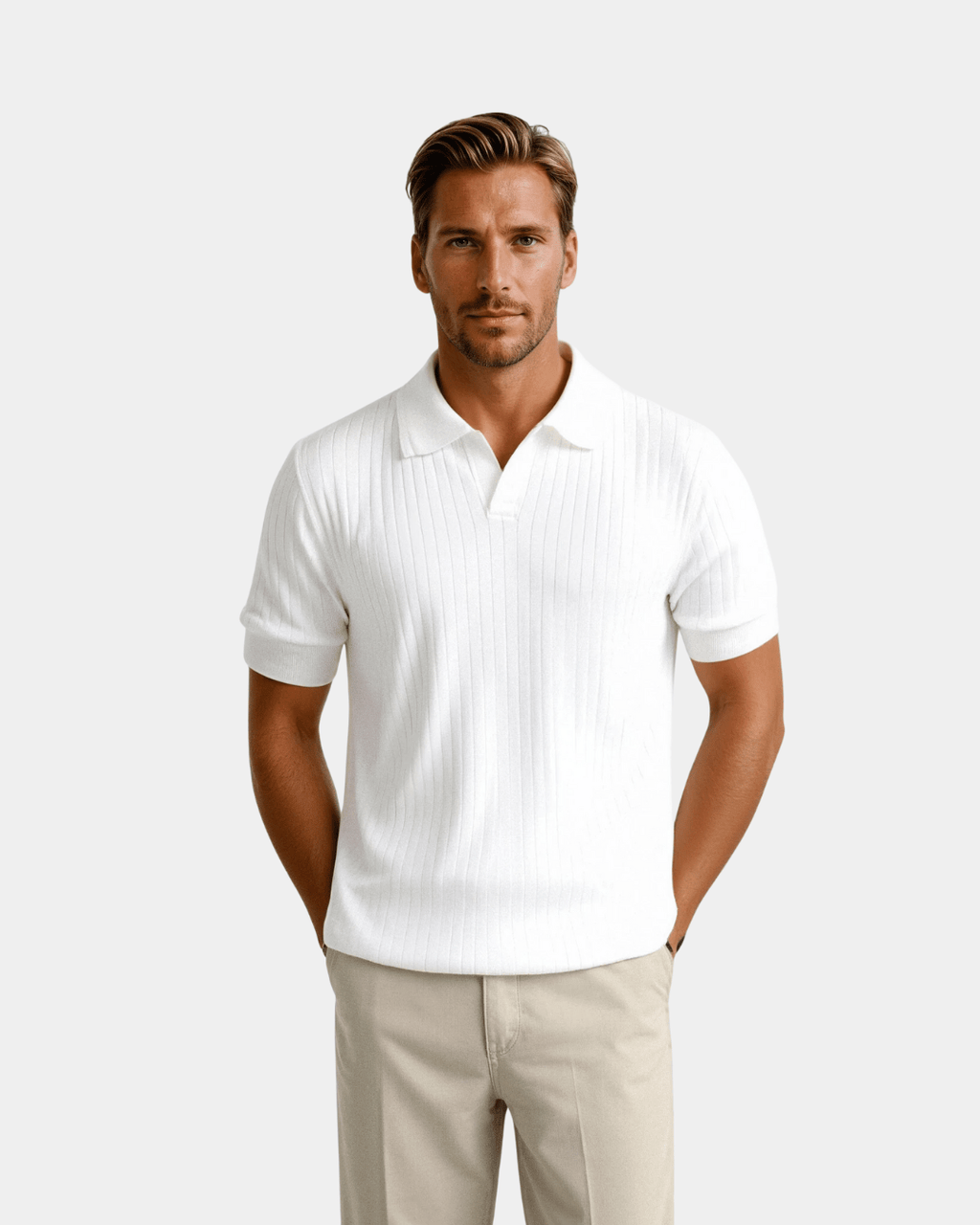 Ribbed Knit Polo Shirt Men Open Placket Short Sleeve Slim Fit